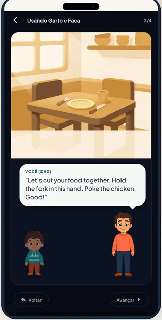 Tela de simulação do CosmoKid: a fala pronta em inglês para a cena de usar garfo e faca.